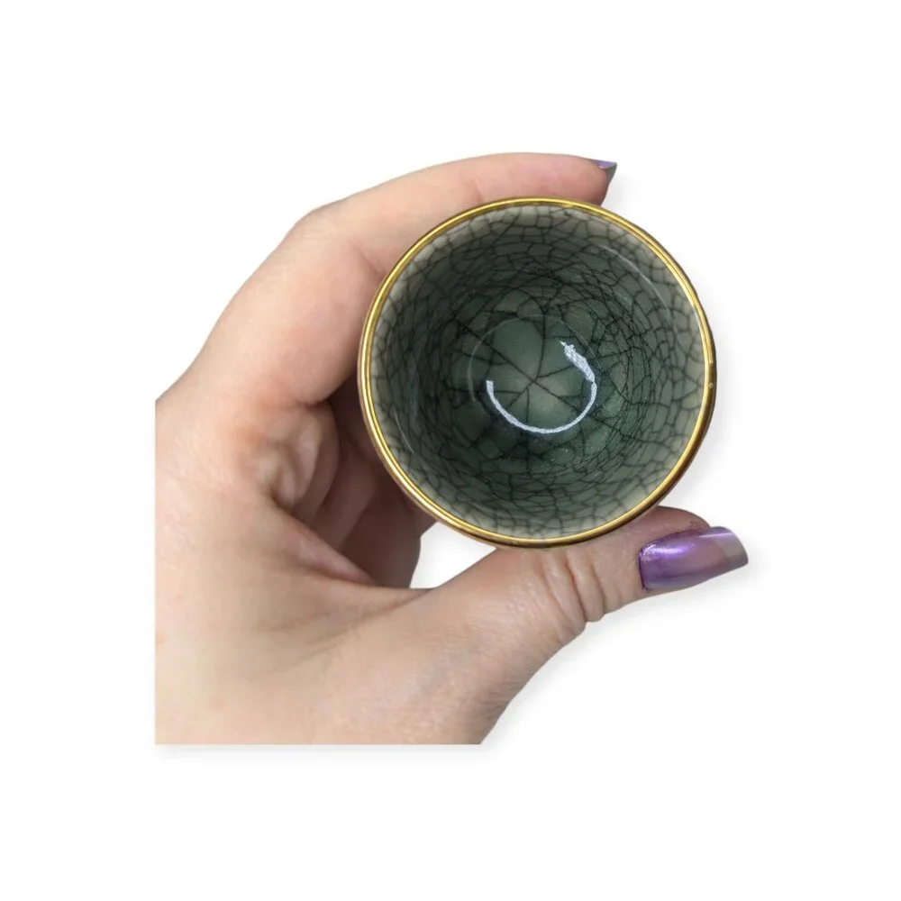 Japanese Somayaki Double Wall Saki Set Obori Soma-yaki Pottery Gold Horse Motif